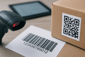Barcode and QR code on package with scanner in warehouse.