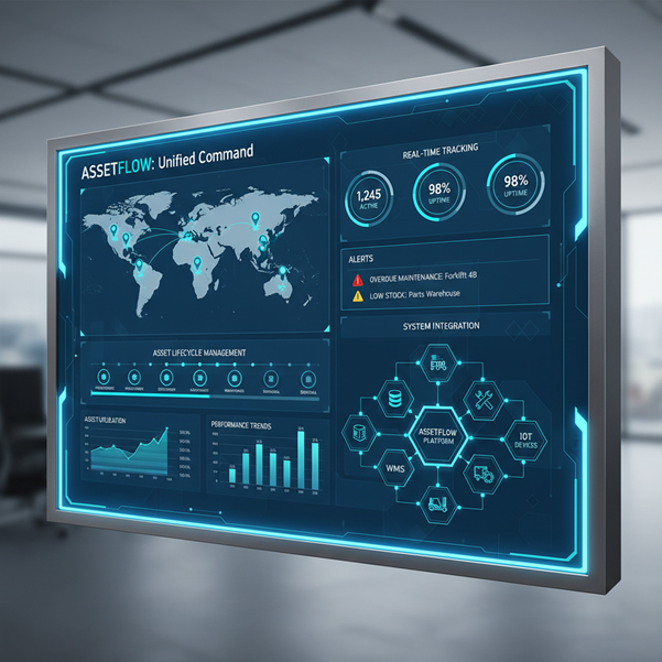 Glowing blue dashboard for "AssetFlow: Unified Command" with map and tracking graphs