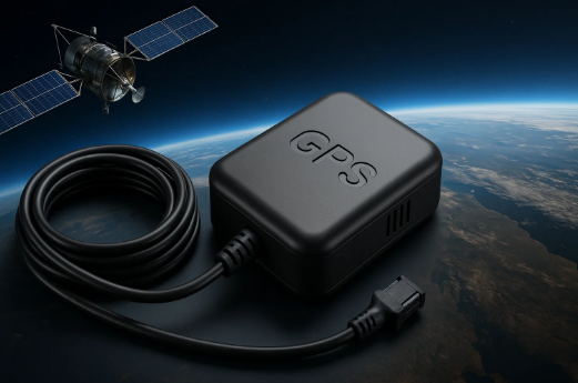 GPS tracker with cable and satellite in orbit