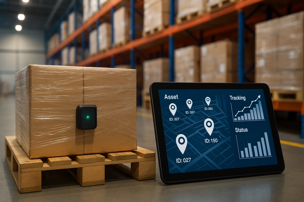 Warehouse pallet with GPS tracker and tablet showing asset data