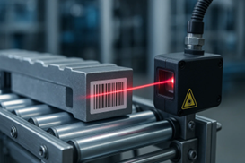 Laser barcode scanner reading code on package on conveyor belt.