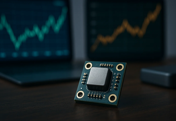 Close-up of electronic sensor module with data charts