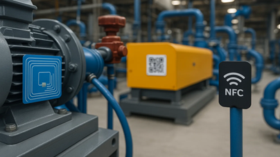 NFC tag on gray motor and yellow QR-coded machine in background