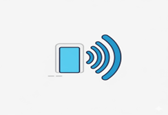 Stylized icon of phone or card beside Wi-Fi symbol representing wireless signal.