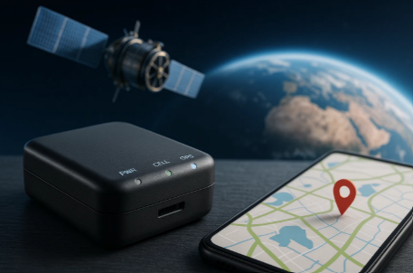 GPS tracker with cable and satellite in orbit