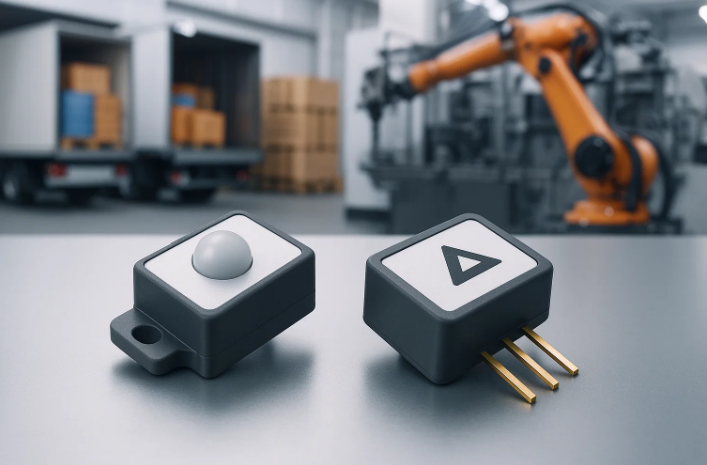 Two IoT sensors in warehouse with robotic arm