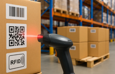 Barcode scanner reading QR code on a package with RFID label in a warehouse filled with stacked boxes.